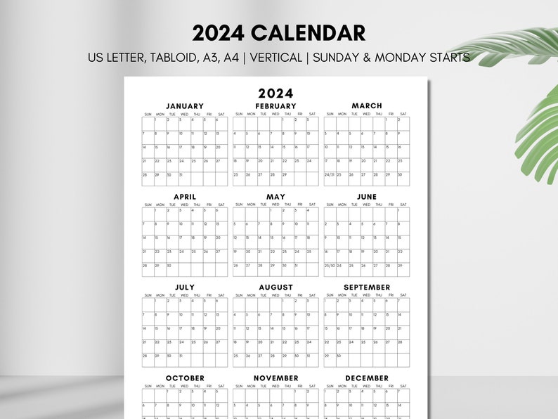 2024 Calendar Printable, Year at a Glance 2024 Calendar, Single Page