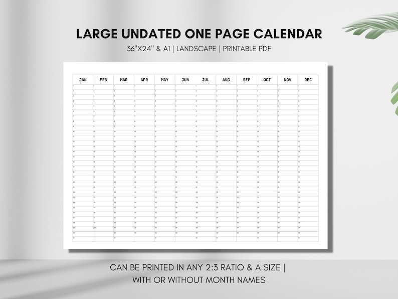 Blank Yearly Calendar, Printable Perpetual Calendar, Large Single Page Undated Year at a Glance ...