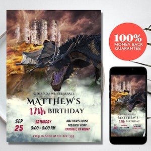 Dragon Birthday Invitation, Editable Digital Fierce Dragon & Medieval Castle Birthday Party Invite, Instant Download, Print, Text