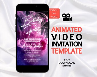 Animierte Geburtstagseinladung mit Video in Pink Ink, bearbeitbare digitale Einladungsvorlage