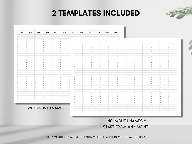 Blank Yearly Calendar, Printable Perpetual Calendar, Large Single Page Undated Year at a Glance ...