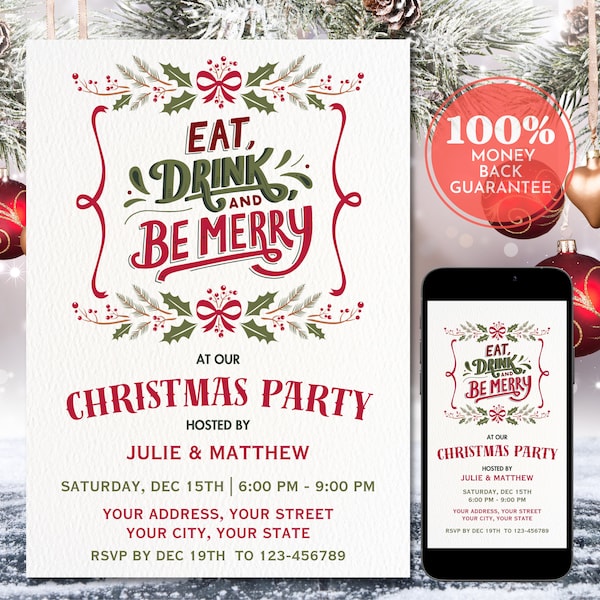 Christmas Party Invitation, Christmas Invite, Editable Digital Printable Christmas Invitation Template, Eat Drink Be Merry, 5"x7" & Phone