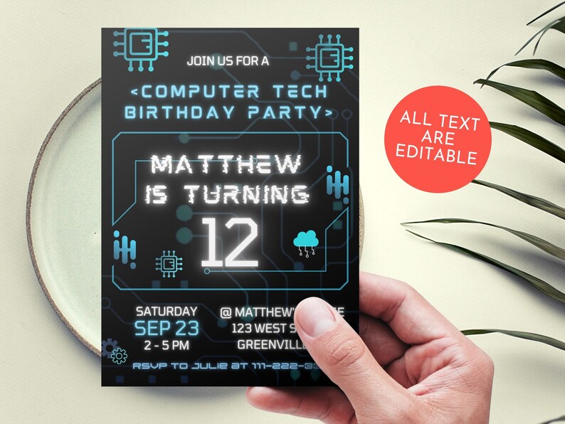 Editable Computer Birthday Invitation, Computer Tech Coding Programming