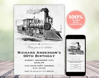 Vintage Steam Train Birthday Invitation: Editable Retro Design (Digital Download)