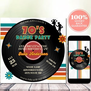 Vinyl Track 70s uitnodiging voor feest, 70s verjaardag uitnodiging voor feest, 70&#39;s feest uitnodigt, bewerkbare digitale Retro Dance Party uitnodiging sjabloon