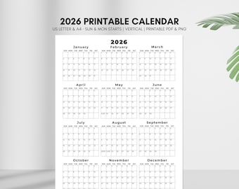 2026 Calendar Printable, US Letter & A4 Size Year at a Glance Planner