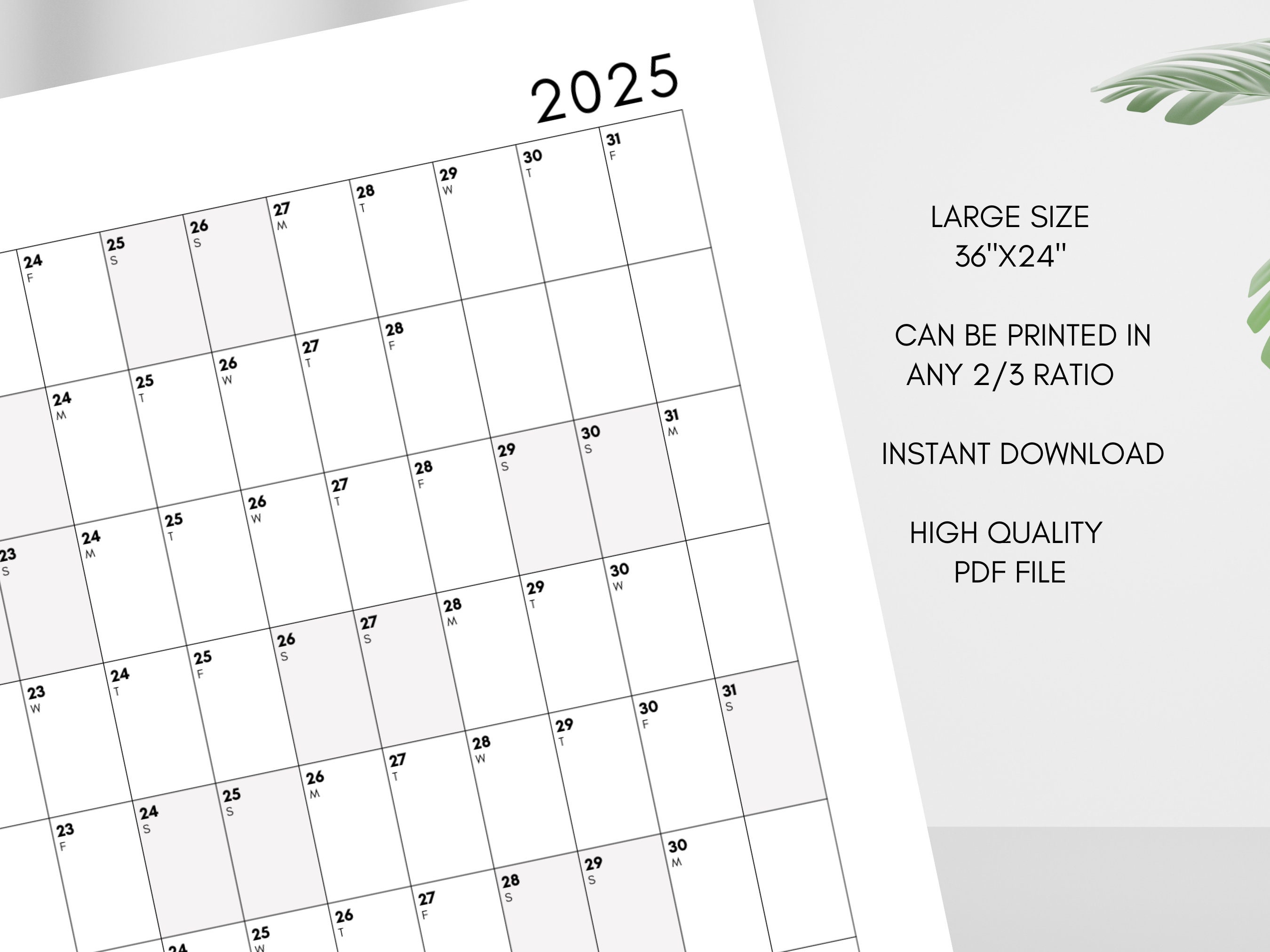 Large 2025 Calendar, Year at a Glance 2025 Calendar, Simple Minimalist Printable 2025 Planner