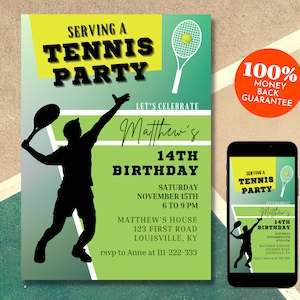 Tennis Birthday Invitation, Tennis Player Birthday Party Invite for Boys, Editable Digital Template, Instant Download, 5x7" & Phone