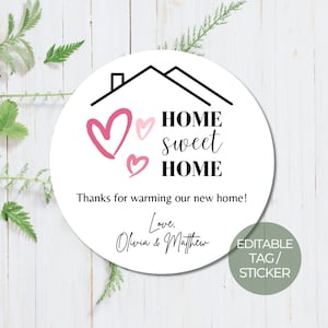 Editable Housewarming Party Round Thank You Tag Pink Hearts | Housewarming Favor Sticker | Custom Gift Tag | Circle Sticker | Print at Home