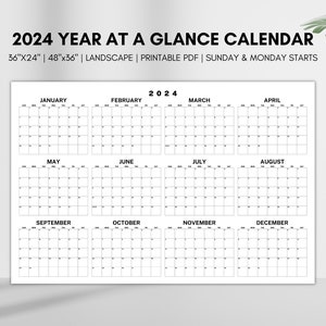 2024 Year at a Glance Calendar, Large Horizontal 2024 Calendar, Printable Giant 2024 Planner, Year Planner, Instant Download, 36x24", 48x36"