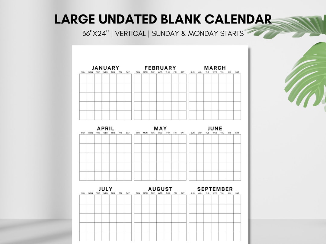 Blank Yearly Calendar, Large Perpetual Calendar, Undated Year at a Glance Planner, 12 Months ...