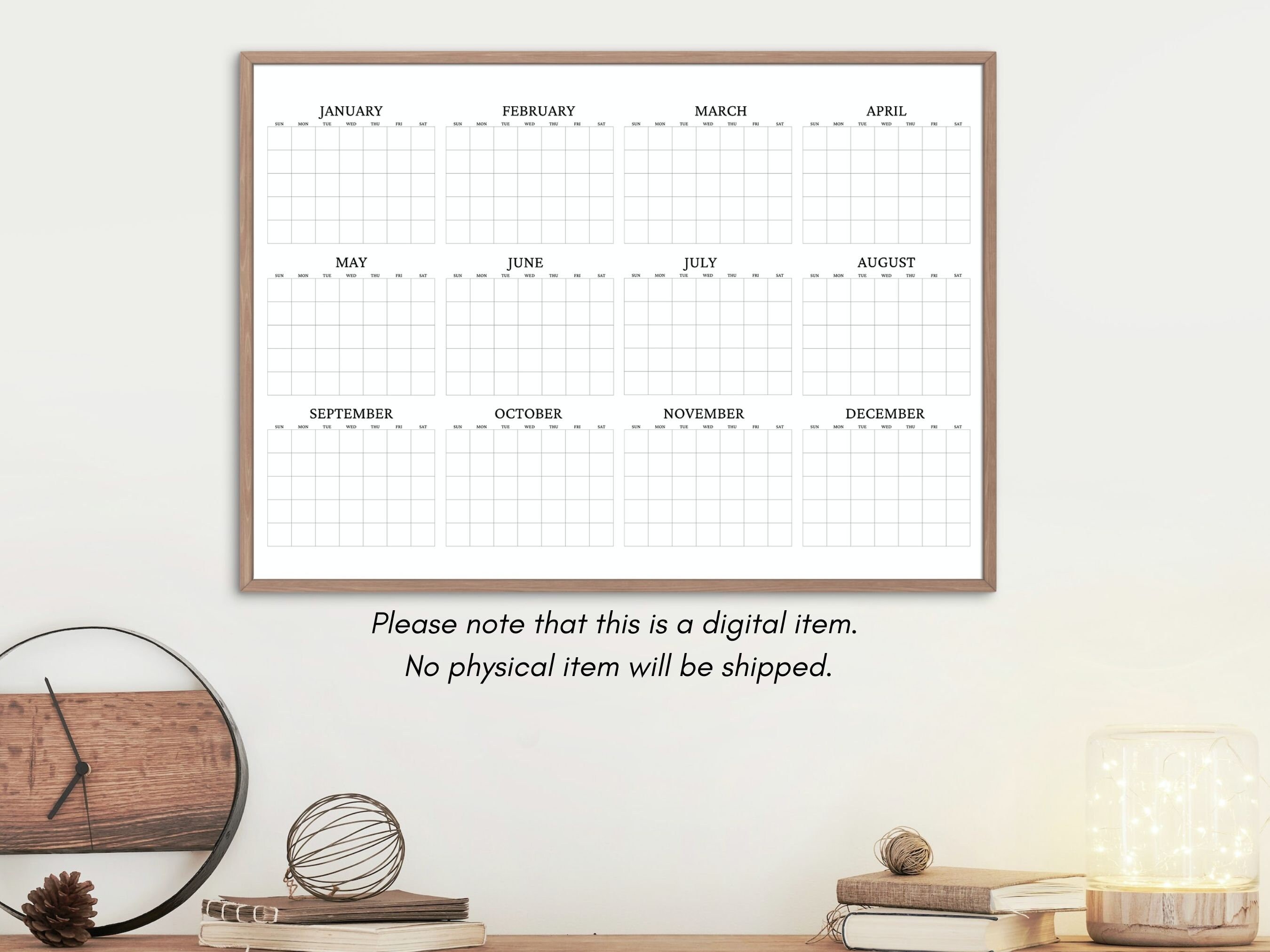 Blank Yearly Calendar, Large Perpetual Calendar, Undated Year at a Glance Planner, 12 Months ...