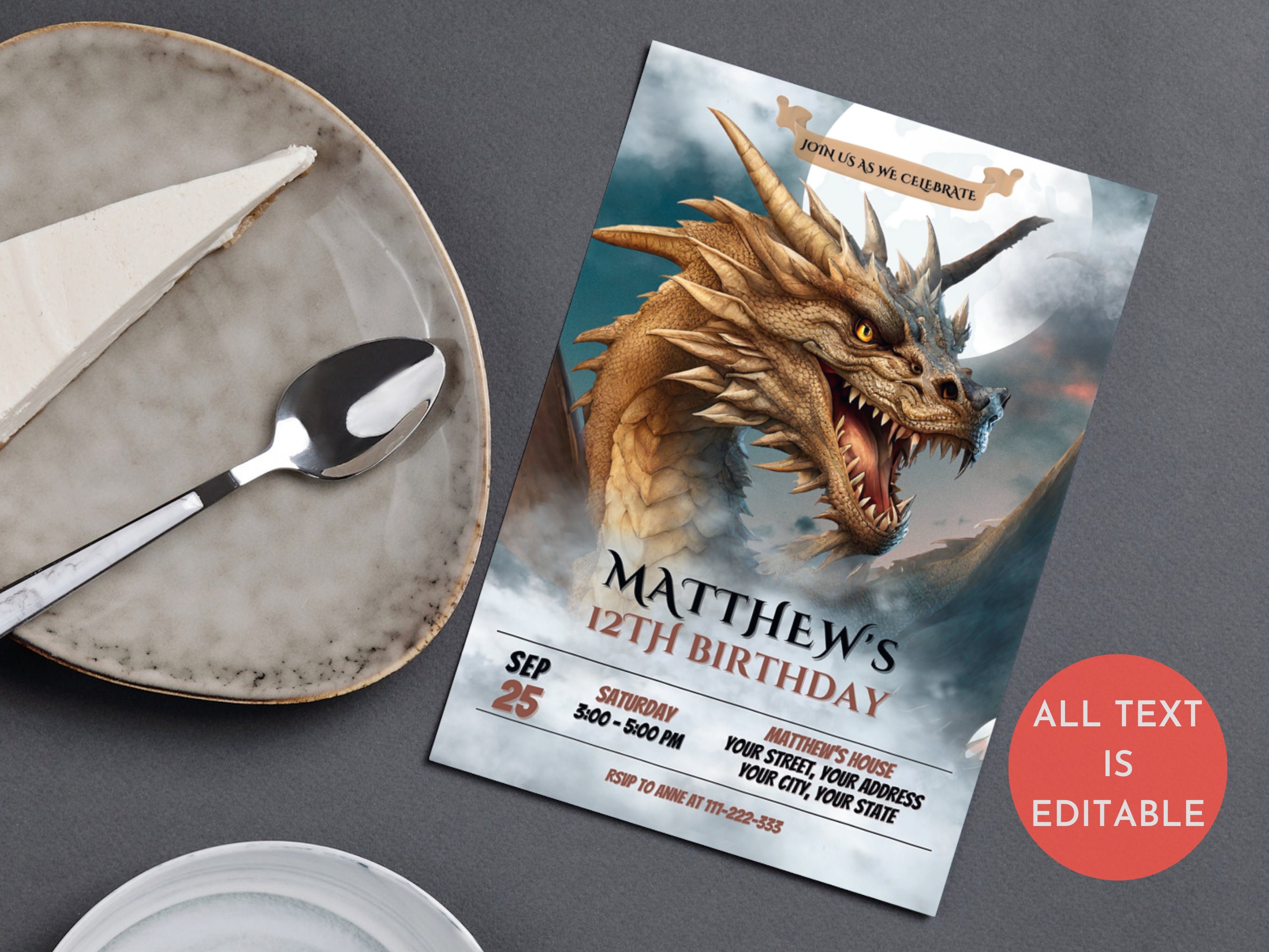 Dragon Birthday Invitation, Editable Fierce Dragon Themed Birthday ...