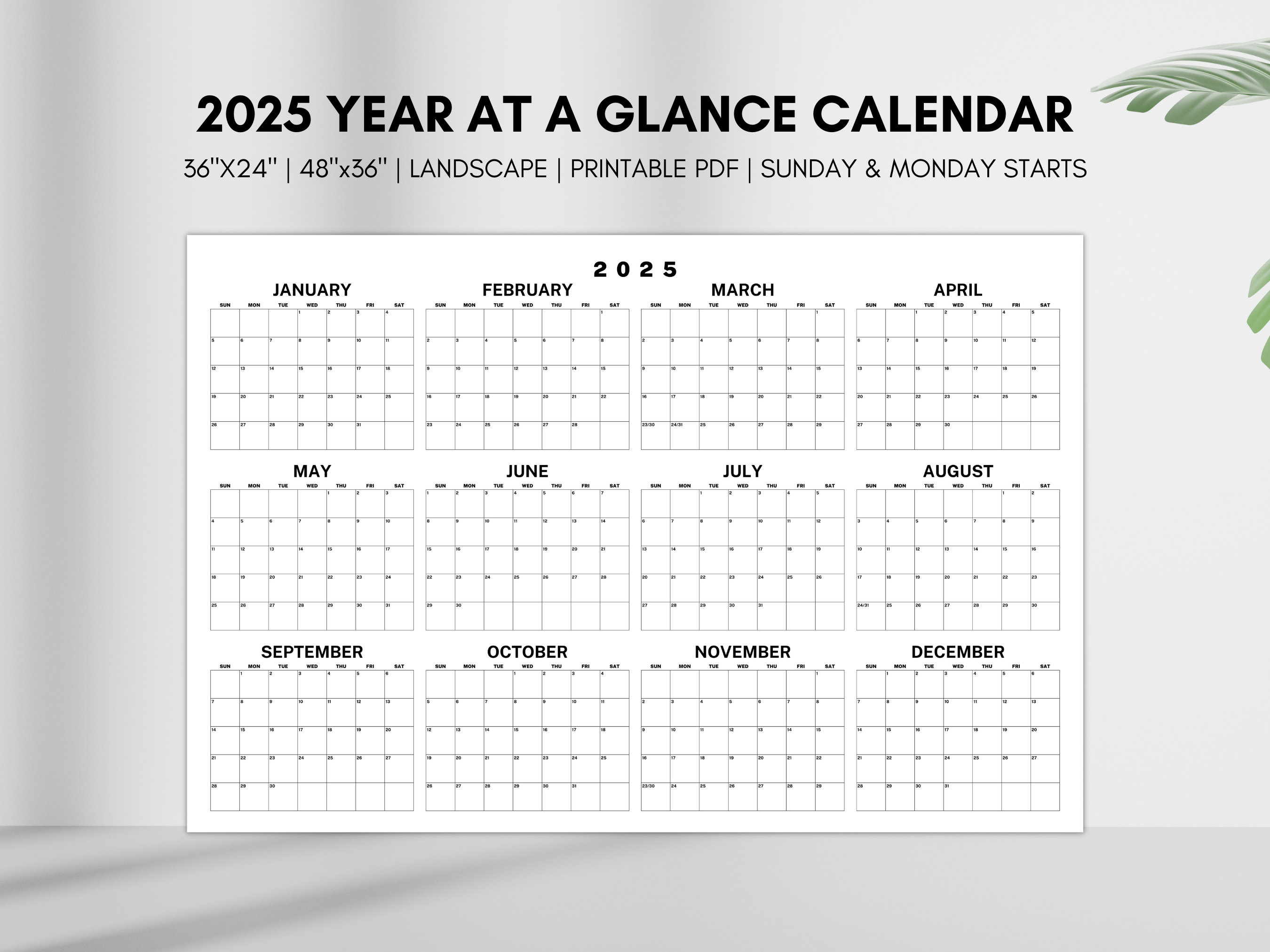 2025 Year at a Glance Calendar, Large Horizontal 2025 Calendar