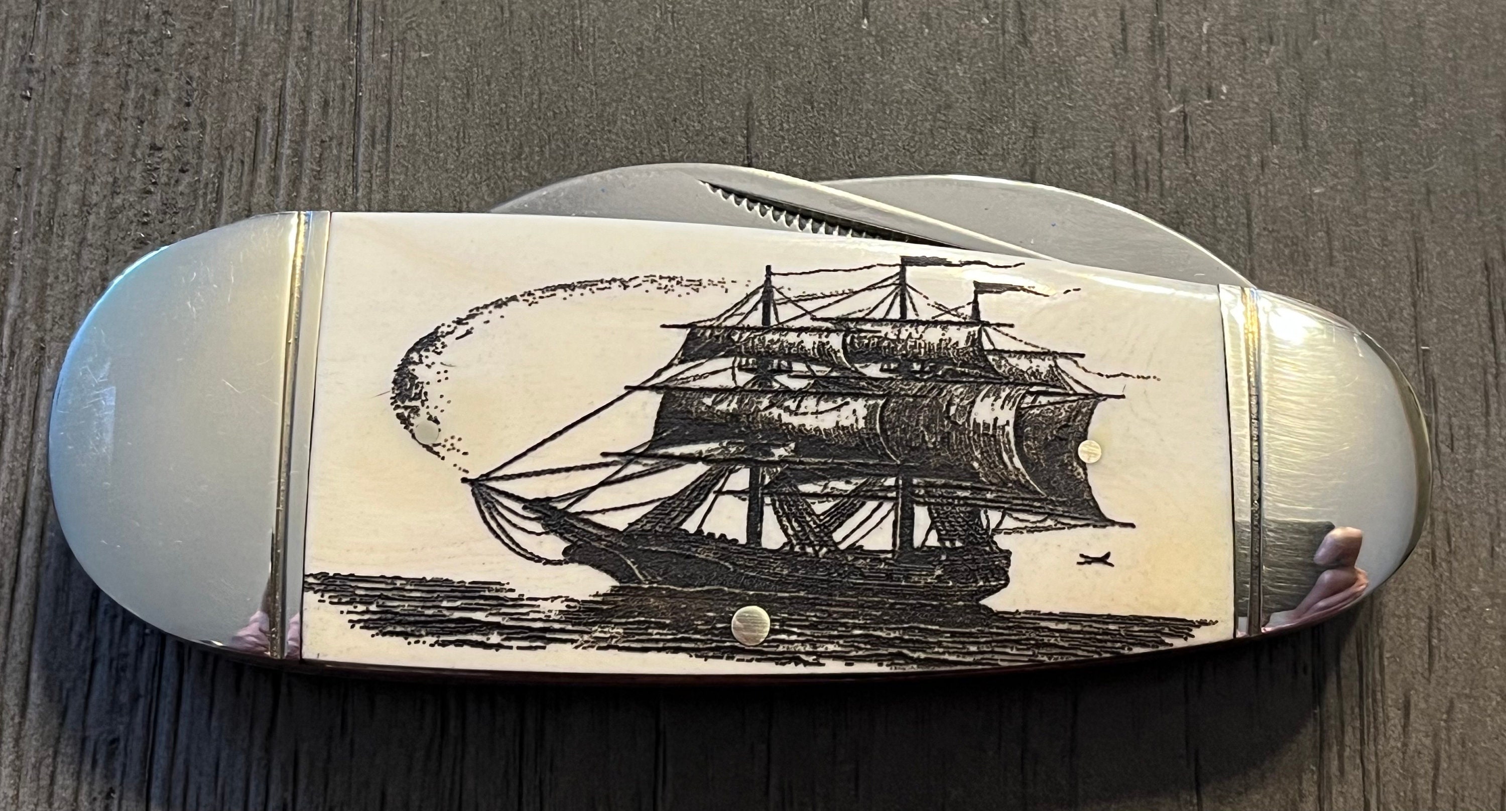 Ship Engraved White Bone Pocket Knife/baby Sunfish Pocket Knife
