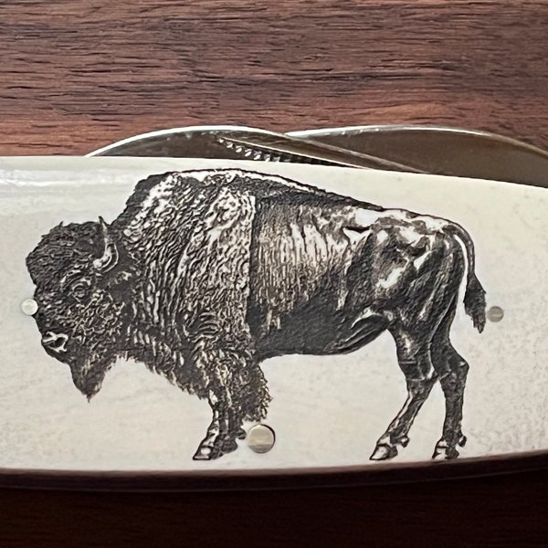 Bison/Buffalo engraved white bone pocket knife/baby sunfish pocket knife/ elephant toenail pocket knife