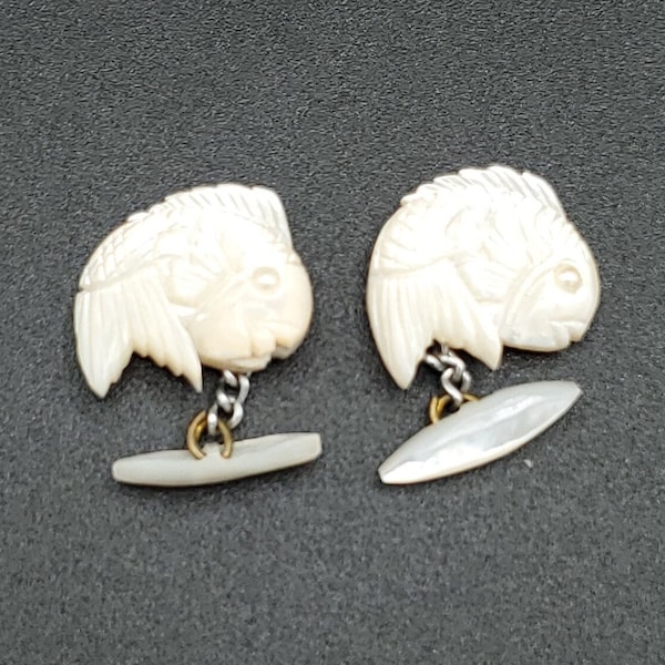 Rare Mid Century Vintage Koi Mother Of Pearl Cufflinks Hand Carved MOP Fish UNIQUE