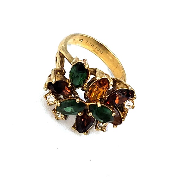 14kt HGE Ring Amber Green Rhinestone Cluster Autum Fall Colors Vintage 14K HGE Cocktail Ring