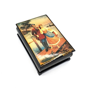 Small Russian Lacquered Box KOKETKA Polish Peasants Scene 3.5in Vintage Russian Black Lacquered Wood Box