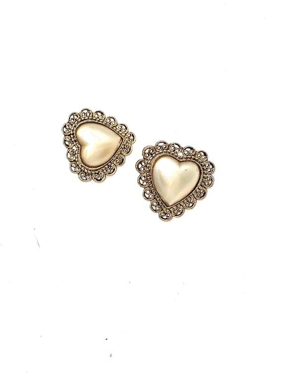 Elegant Heart Earrings Gold Tone Opalescent Pierc… - image 1