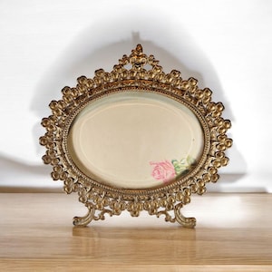 Vintage Large Ornate Metal Oval Picture Frame with Thick Beveled Edged Glass | Antique Victorian-Style Photo Frame Home Decor