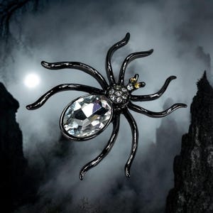 Halloween Spider Brooch Silver Tone Metal with Glass Rhinestones, Elegant Spider Pin For Halloween Costume Accessory