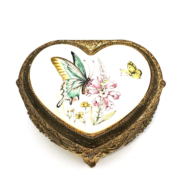 Vintage Small Heart Jewelry Box JAPAN Metal Case w/ Porcelain Top for Rings Trinket Holder