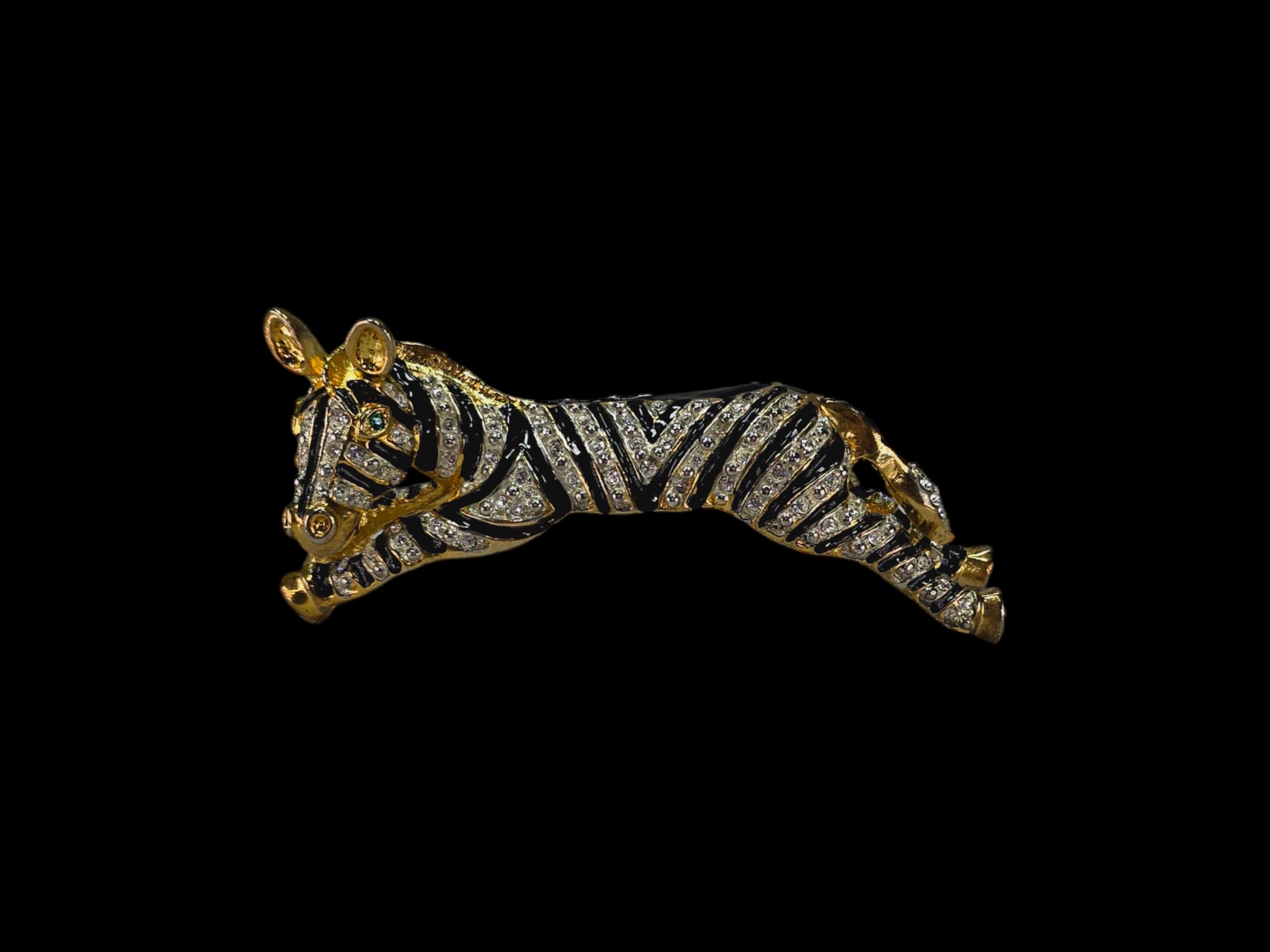 Large Zebra Shoulder Brooch – Joanna Buchanan Vintage Statement Pin – Rhinestone & Enamel Fashion Jewelry