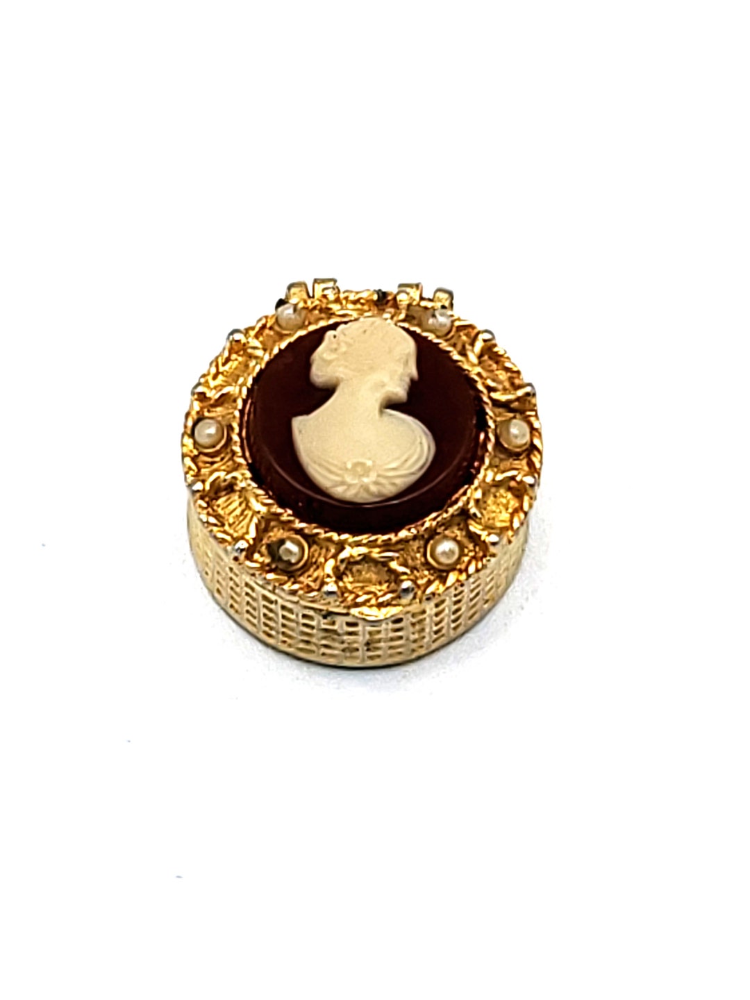 Vintage Cameo Style Pill Box Gold Tone With Faux Pearl Accents Spring