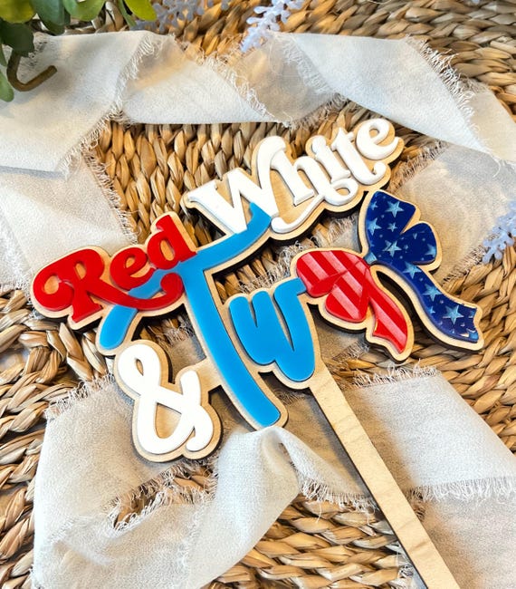 Red White and Two Coquette Cake Topper, Bow 4th of July Bow Cake Topper, Summer Acrylic Cake Topper, Second Birthday - Summer Birthday Decor