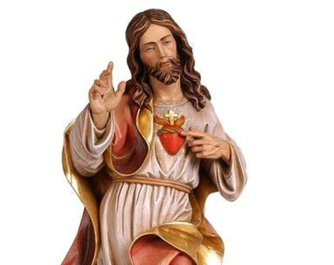 Statua Del Sacro Cuore Di Gesù in Legno Della Val Gardena Intagliato E