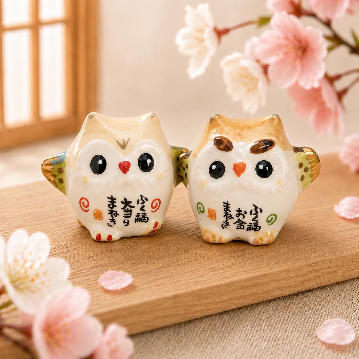 Lucky Owl Pair &ndash; Japanese Fukuro Ceramic Figurines, Desk Decor, Good Fortune Charm