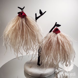 UkraineHandmade - Natural Ostrich Feather Earrings  - 925 Sterling Silver French Wire - Boho - Wedding Prom Gift - Swarovski Crystal