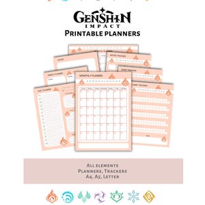 May include: Printable planners featuring Genshin Impact characters and elements. The planners include daily, weekly, and monthly layouts, as well as mood, sleep, and habit trackers. The planners are available in A4, A5, and Letter sizes.