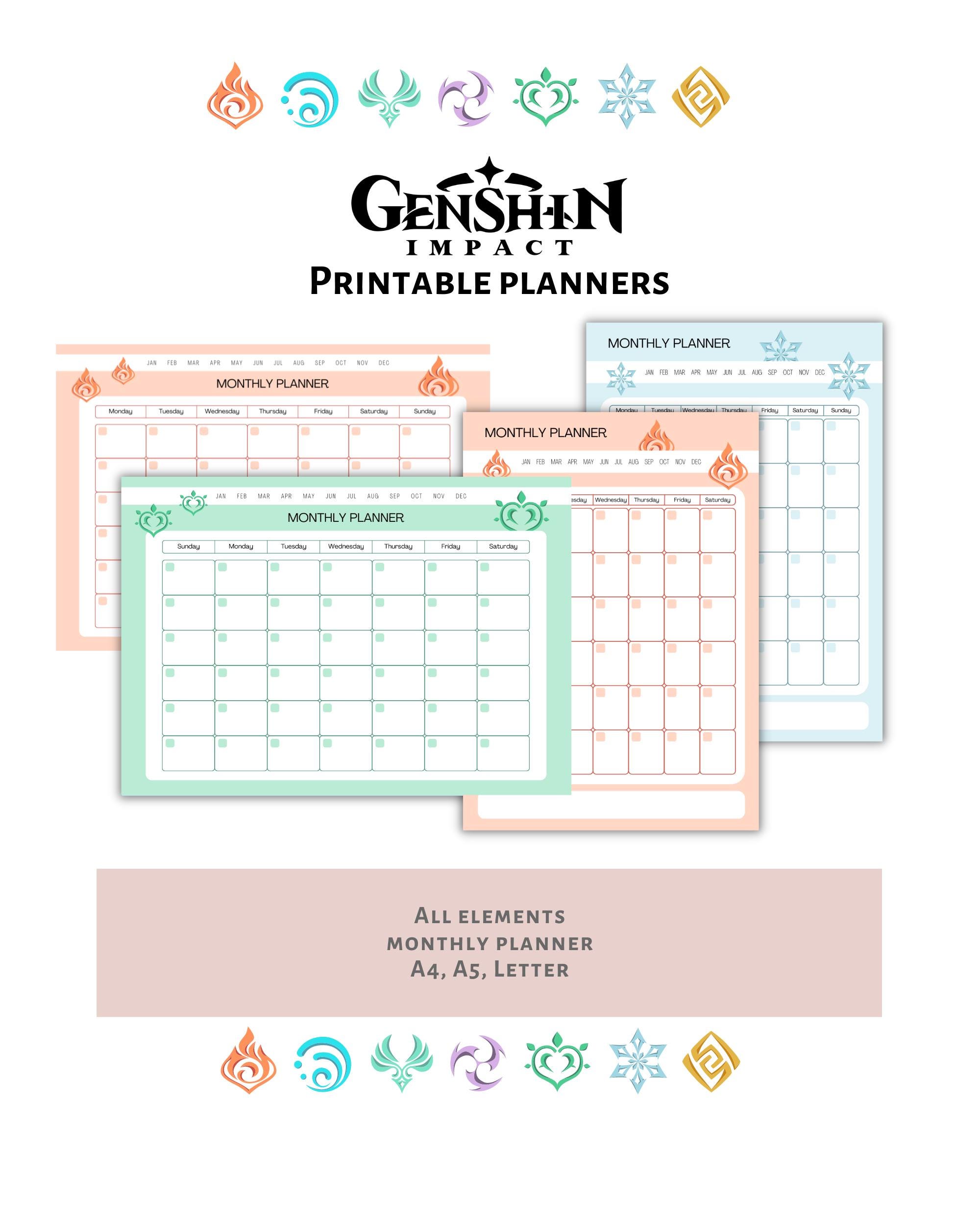 Printable Planner Genshin Impact Monthly Planner A4 A5 Letter Genshin ...