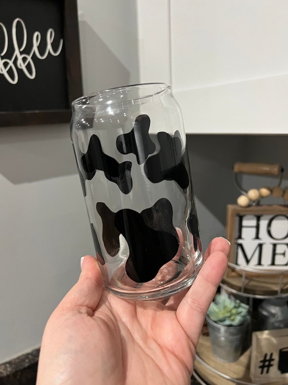 Cow Print Can Glass | Iced Coffee Glass Can | Cold Brew | Libbey Glass Can | 16 oz. | 20 oz. | Bamboo Lid | Straws