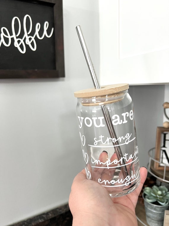 I Am Enough Glass Tumbler with Bamboo Lid & Straw