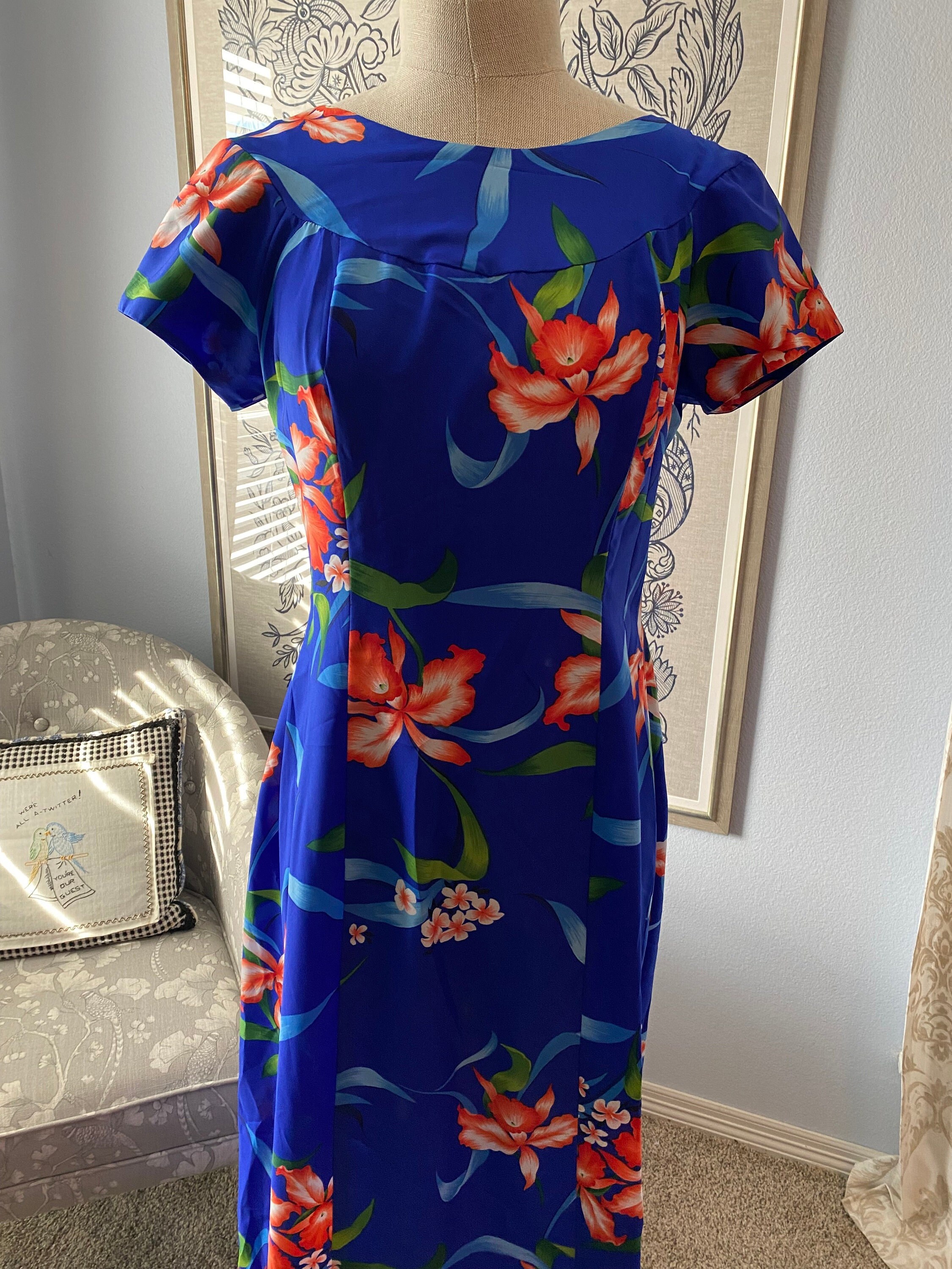 Vintage Hawaiian Dress Royal Blue Red 