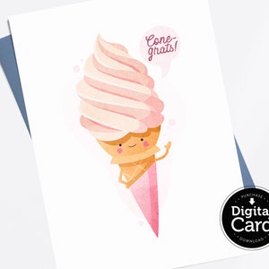Cone-grats - Cartão para impressão, ilustração de sorvete. Cartão de parabéns. PDF digital. Download instantâneo