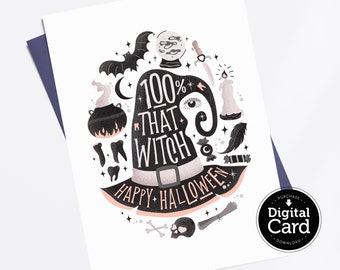 印刷可能な 100% 魔女カード、ハロウィーンのしゃれの即時ダウンロード カード