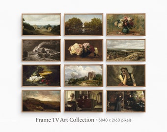 フレーム TV アート | ムーディー ダーク ヴィンテージ コレクション バンドル | ヴィンテージ カントリー ランドスケープと植物の静物画 | デジタル ダウンロード