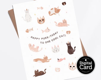 印刷可能なハッピーパーデーカード、誕生日猫のしゃれデジタルダウンロード