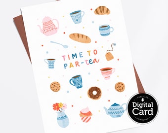 パーティーティーのお祝いの時間、印刷可能な誕生日カード、お茶好きのための駄洒落のダウンロード