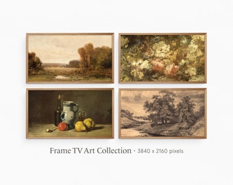 フレーム TV アート | 秋のヴィンテージ コレクション バンドル | ヴィンテージ カントリーの秋の風景画と植物の静物画 | デジタル ダウンロード