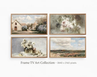 フレーム TV アート | コテージ ヴィンテージ コレクション バンドル | ヴィンテージ カントリー ランドスケープと植物の静物画 | デジタル ダウンロード