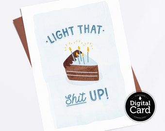 印刷可能なライトアップカード、面白いハッピーバースデーケーキデジタルダウンロード