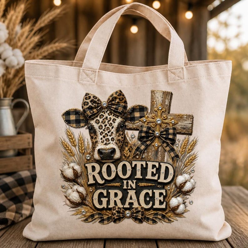 PNG File Transparent Background A beige canvas tote bag featuring a graphic print of a cow with a leopard print pattern and a plaid bow. The design includes a wooden cross, wheat stalks, cotton bolls, and the text ROOTED IN GRACE with additional plaid bows. Digital sublimation design.