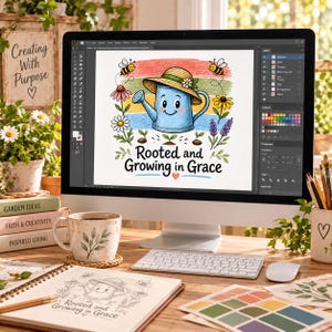 Puede incluir: Un monitor de computadora muestra una ilustraci&oacute;n digital de una regadera azul con un sombrero de paja, rodeada de abejas y flores, con el texto Rooted and Growing in Grace. Un boceto a juego es visible en un cuaderno en primer plano.