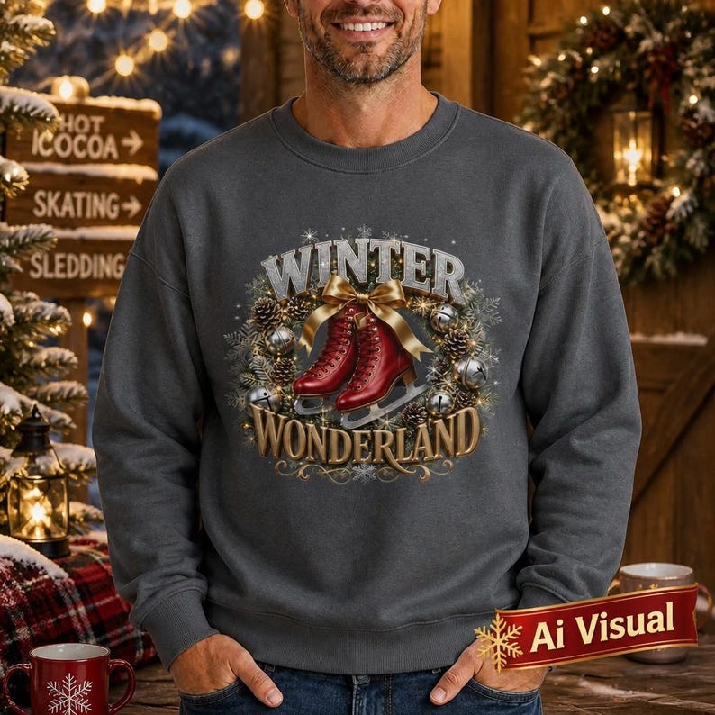 Puede incluir: Una sudadera gris oscuro de cuello redondo con un estampado gr&aacute;fico de dos patines de hielo rojos atados con un lazo dorado, rodeados por una corona de pi&ntilde;as y campanas plateadas, con el texto WINTER WONDERLAND en letras doradas y plateadas.