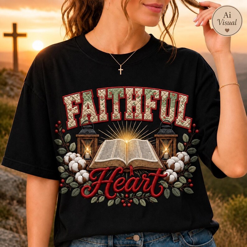 May include: A black t-shirt featuring a graphic print with the text "FAITHFUL Heart". The design includes an open book, two lanterns, cotton bolls, and green leaves. The word "FAITHFUL" is in a quilted pattern, and "Heart" is in red script.